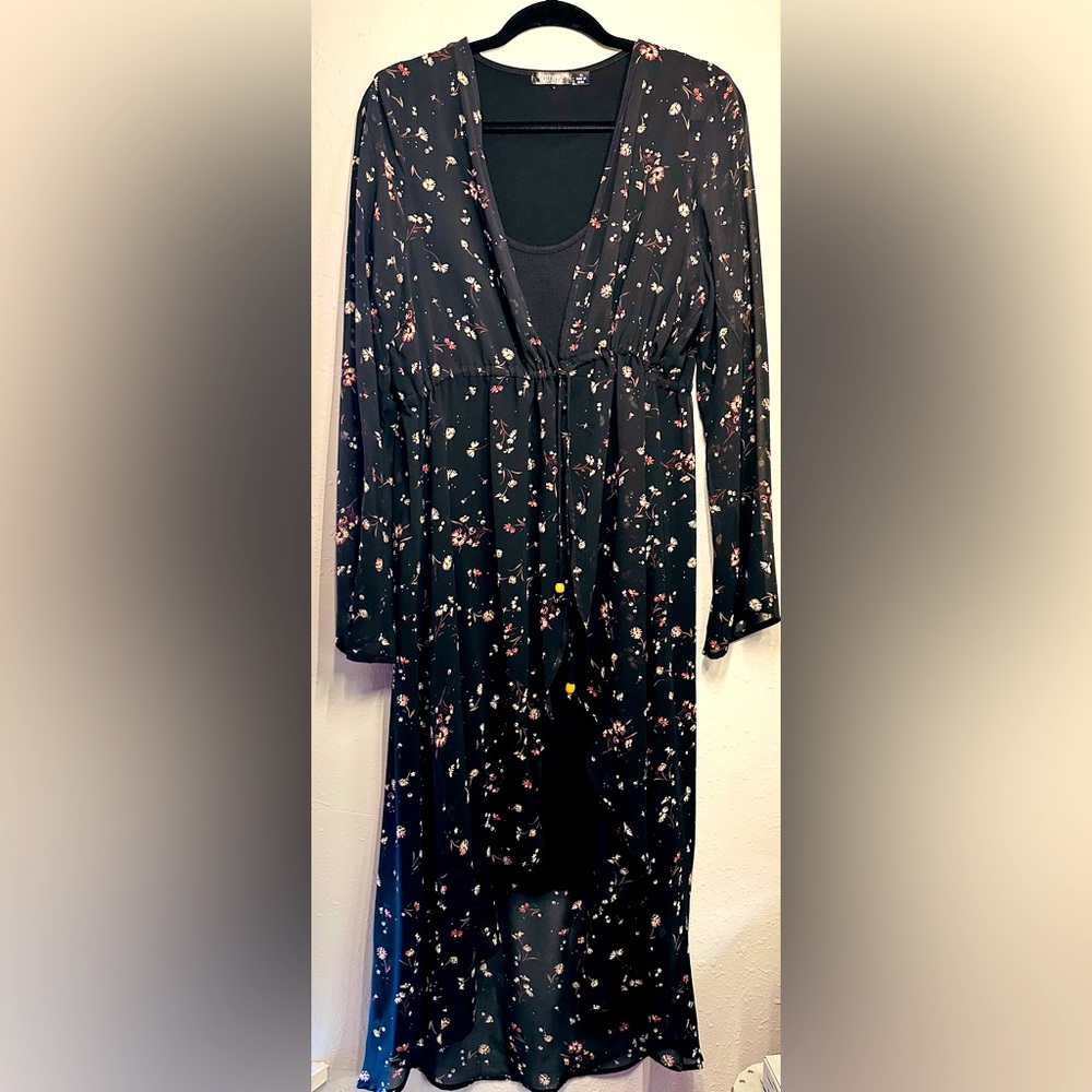 CURE Sheer Black Floral Kimono Dress SET - Long Sleeve - XL